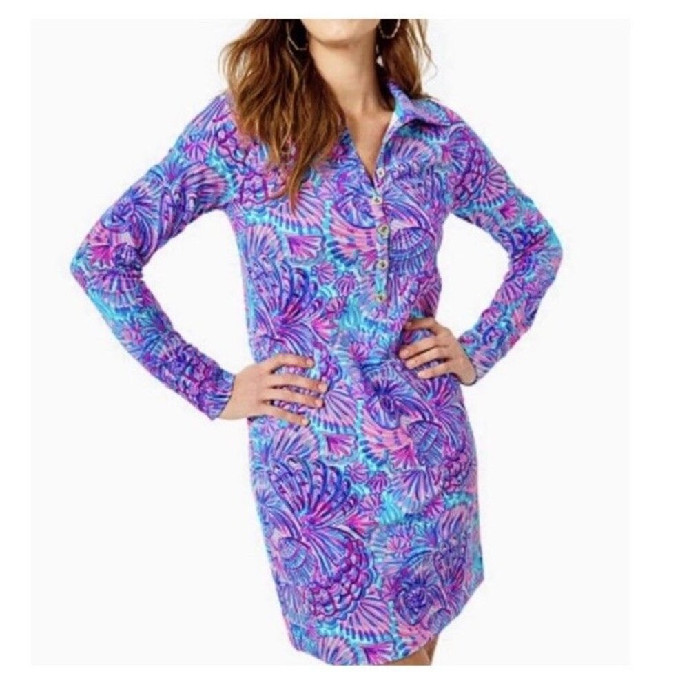 Lilly Pulitzer Size L Ports Dress Turquoise Oasis Shelleidoscope Pockets UPF 50+